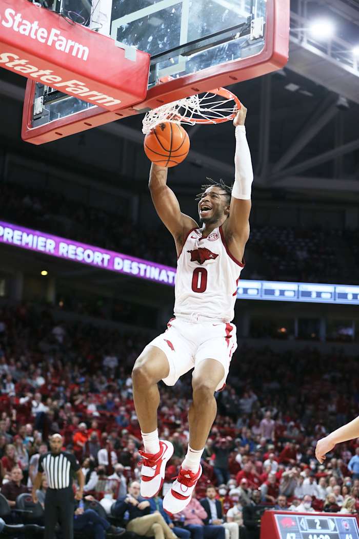 Arkansas Razorbacks guard Stanley Umude (0) dunks the ball in the second half against the South Carolina Gamecocks at Bud Walton Arena. Arkansas won 75-59.